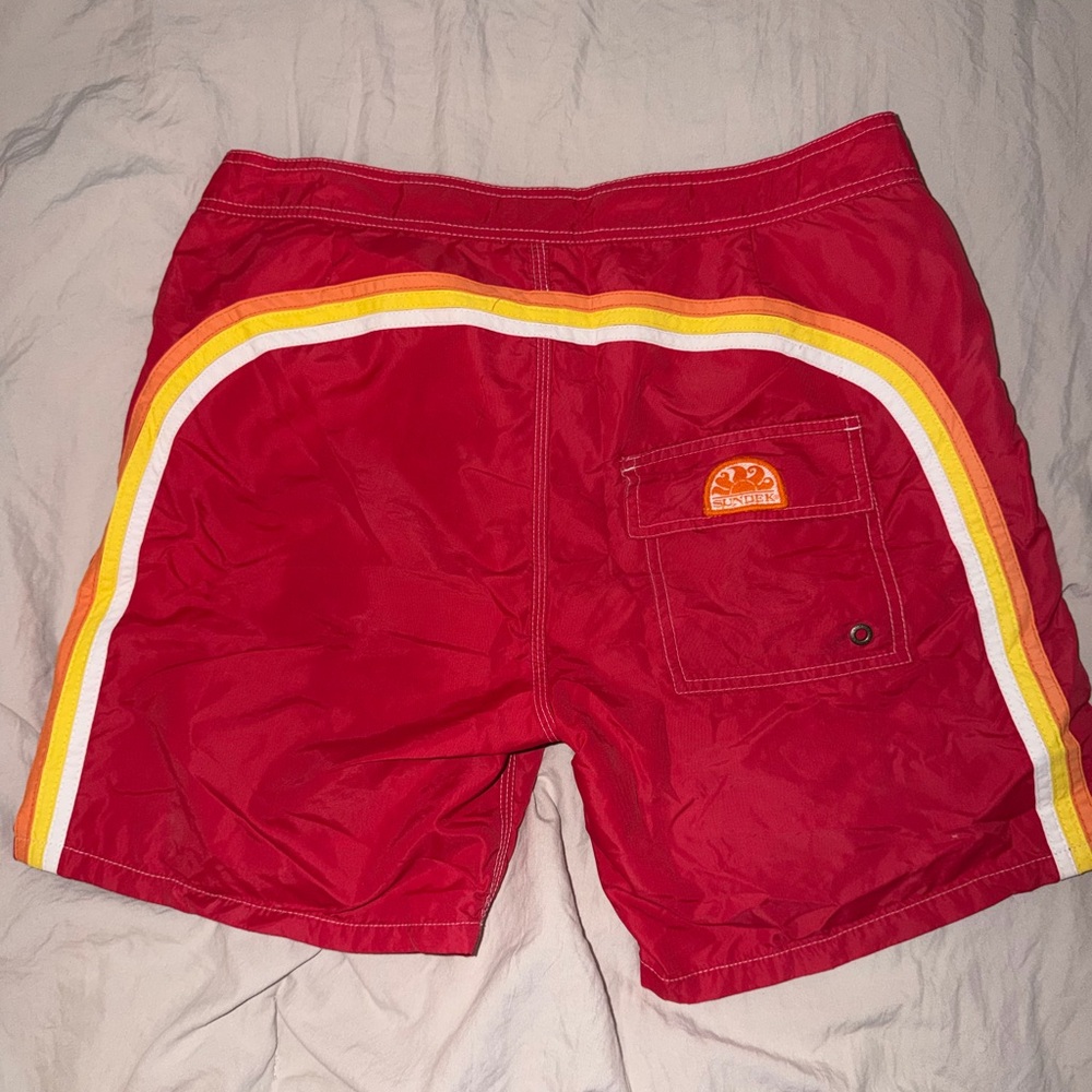Sundek Men’s Red Swim Trunks with Retro Stripe Detail